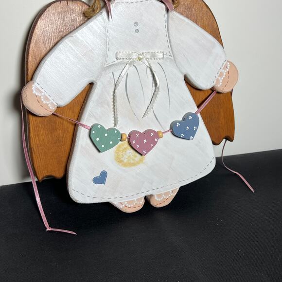 Handmade Wooden Angel Wall Hanging Folk Art Decor Hearts Garland 13" - Picture 4 of 8